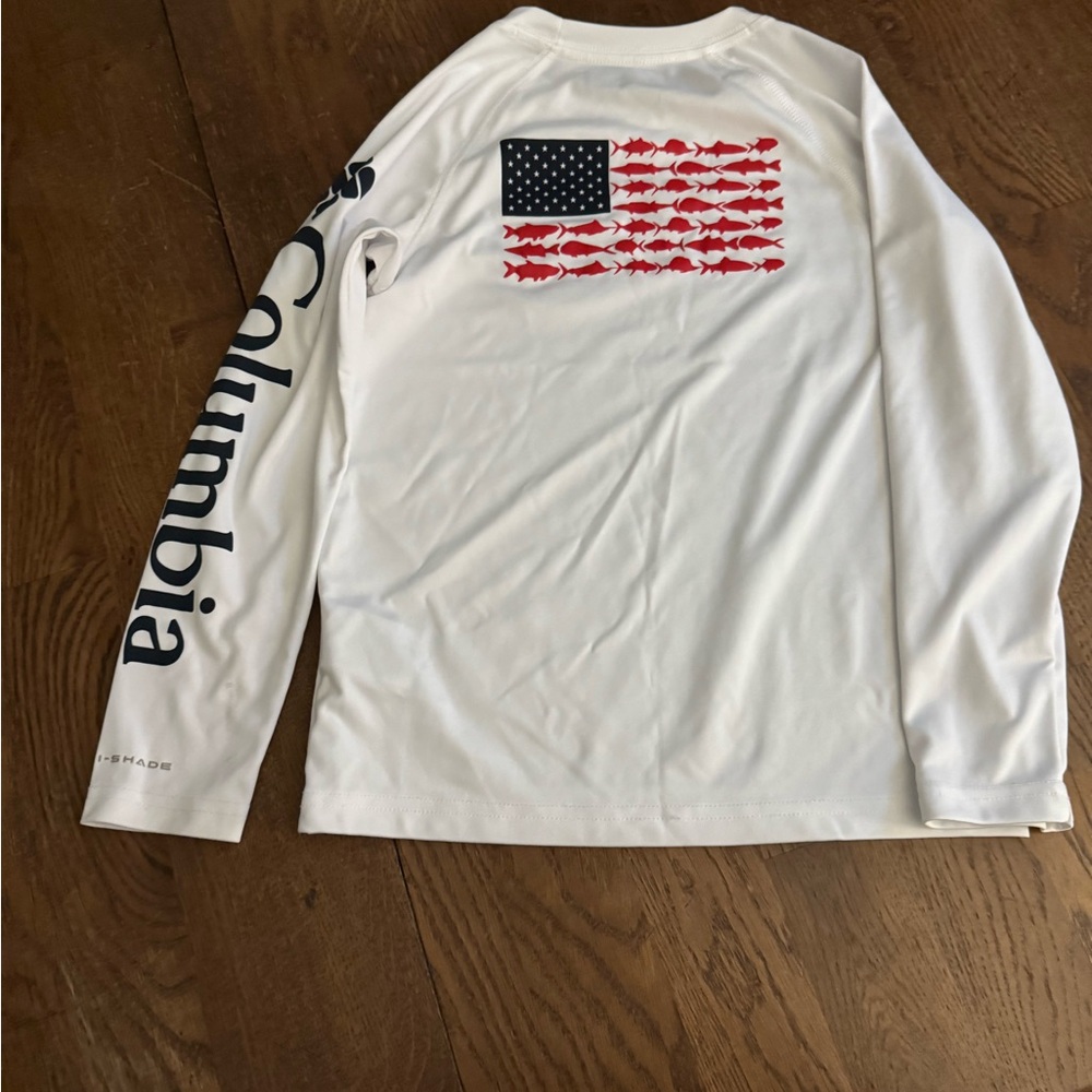 Columbia White and Red Long Sleeve PFG Tee with Flag Design